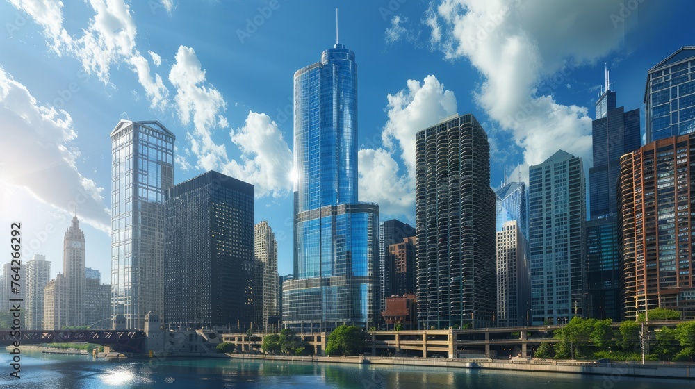 Modern tower buildings, or skyscrapers, pierce the sky in the financial district Modern tower buildings, or skyscrapers, pierce the sky in the financial district