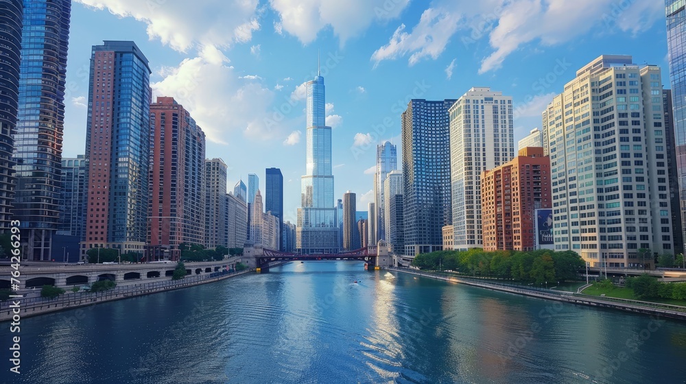 Naklejka premium Modern tower buildings, or skyscrapers, pierce the sky in the financial district