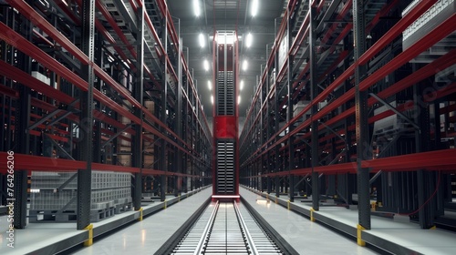 In the heart of modern logistics, a highly automatized high rack warehouse stands photo