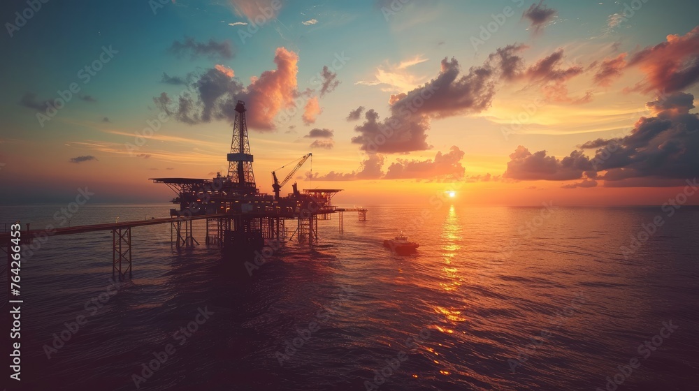An offshore oil and rig platform is silhouetted against the vibrant hues of sunset or sunrise