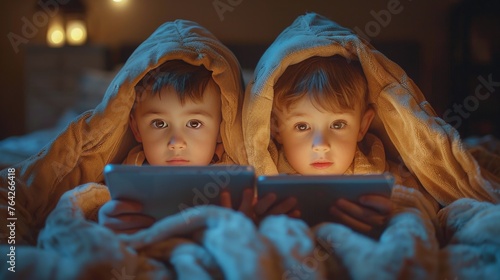 Two Young Children Using Tablet in Bed