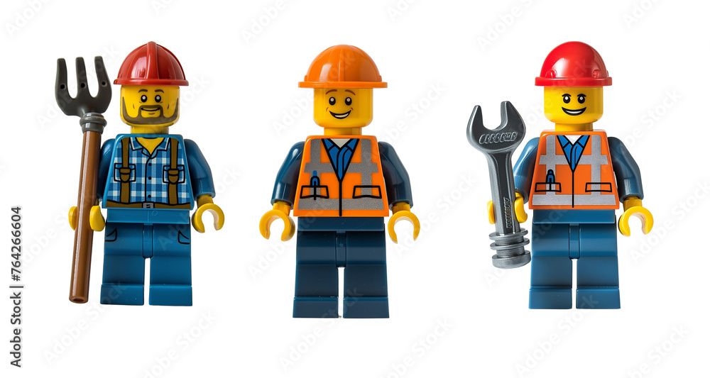 Obraz premium Set of 3 lego figures. Farmer, mechanic, construction worker