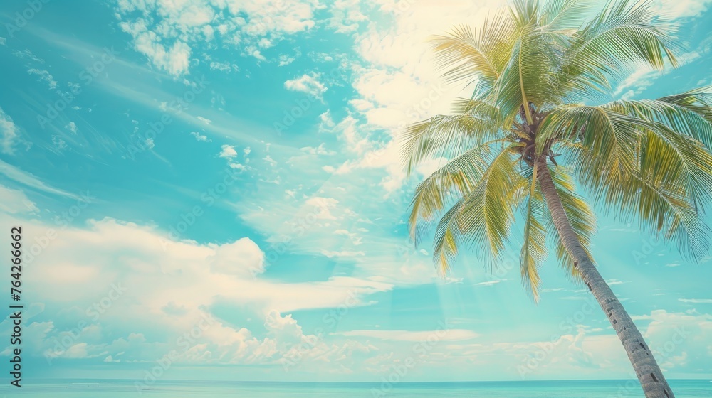 A solitary palm tree stands against an abstract backdrop of a tropical beach A solitary palm tree stands against an abstract backdrop of a tropical beach