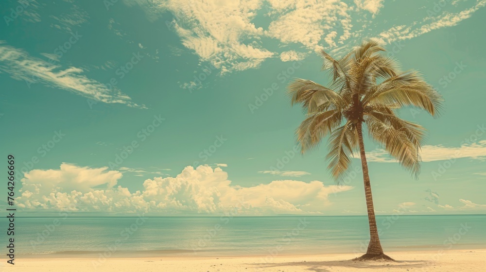 A solitary palm tree stands against an abstract backdrop of a tropical beach
