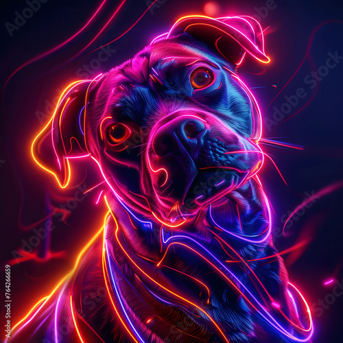 A close-up portrayal of a dogs face illustrated with dynamic neon lights in a spectrum of colors. AI.