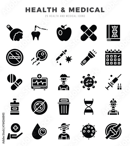 Vector icons set of HEALTH & MEDICAL. Glyph style Icons.