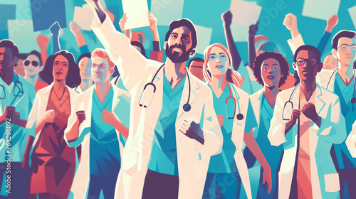 A group of people in medical uniform, a rally of doctors with the unity and determination of healthcare professionals. Concept: medical workers, strike or social issues in health and clinics photo