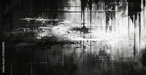 Black and white digital distortion effect. Modern abstract glitch art on textured surface