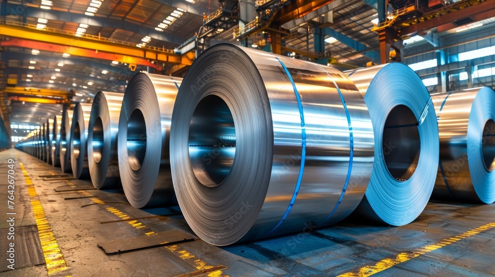 Nestled within the confines of a factory or warehouse, rolls of galvanized steel sheet Nestled within the confines of a factory or warehouse, rolls of galvanized steel sheet
