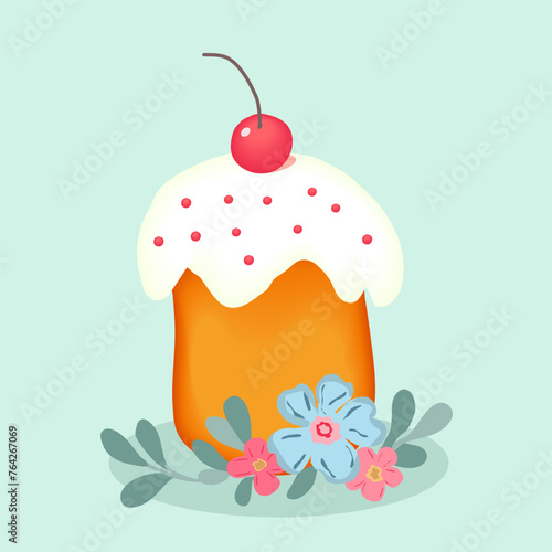 Vector illustration of a set of Easter kulichi with eggs in a basket. On light background for postcards, banners.