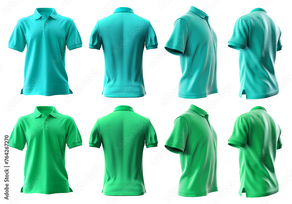 2 Set of men turquoise blue green front, back and side view collar polo tee shirt on transparent background cutout, PNG file. Mockup template for artwork graphic design. 2 Set of men turquoise blue green front, back and side view collar polo tee shirt on transparent background cutout, PNG file. Mockup template for artwork graphic design.