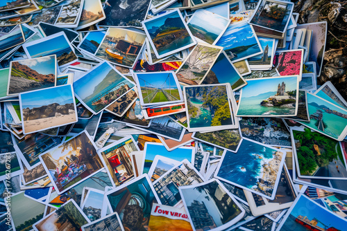 A heap of printed travel photographs strewn on the ground, echoing memories and the wanderlust spirit. Lost or forgotten memories concept © MVProductions