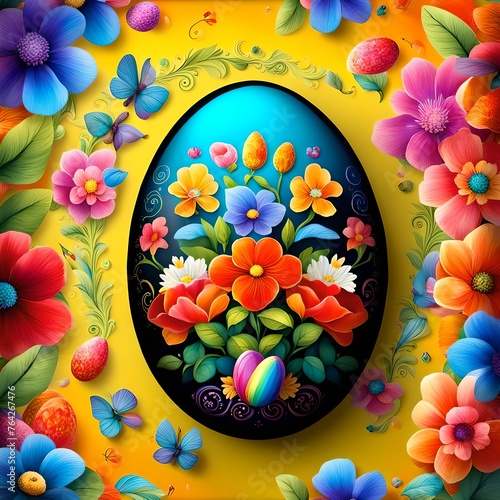 Easter egg featured with floral allegories and bright colors and rainbow background. photo