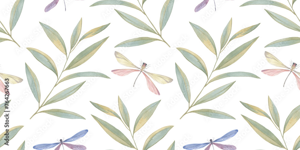 abstract background for design of wallpaper, print and packaging, endless ornament of butterflies and dragonflies and leaves, seamless botanical pattern drawn in watercolors by hand.