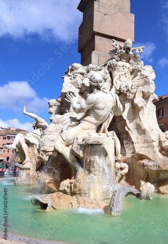 Detail of Fountain of the Rivers at Piazza Navona in Rome, Italy 