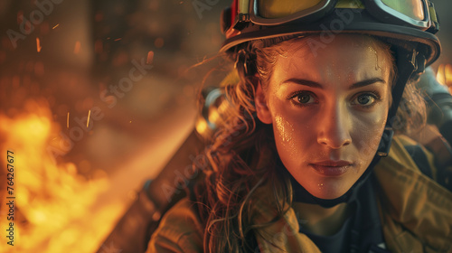 female firefighter with fire background