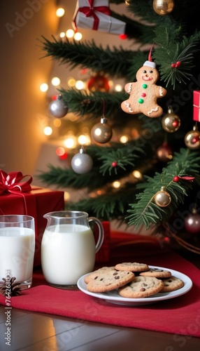 Milk and biscuits for santa, against the background of gifts and a Christmas tree. Merry christmas concept.