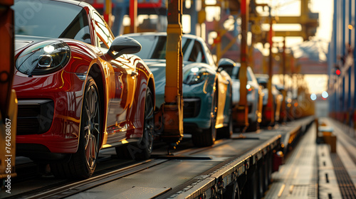 New cars are loaded on auto racks at the car factory photo