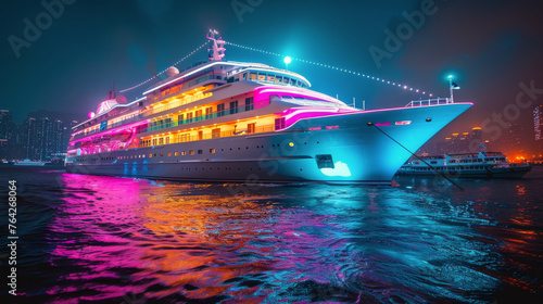 Large Cruise Ship Sailing on Water at Night