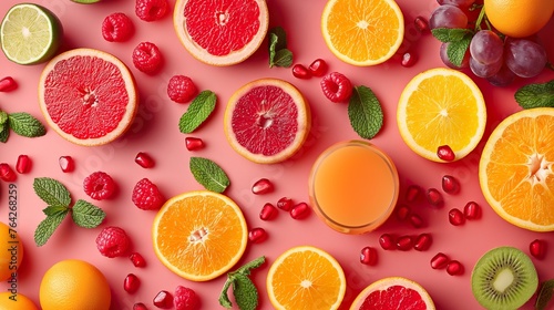 Commercial healthy food visual feast: a colorful array of fresh fruit including oranges, grapefruits, and berries, beautifully laid out on a pink background
