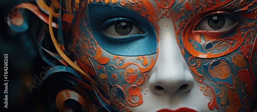 An up-close view of a lady's face wearing a colorful mask for facial protection © TheWaterMeloonProjec