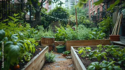 An urban garden scene where adaptogenic herbs are grown, showcasing how city dwellers incorporate these stress-reducing plants into their small-space gardening