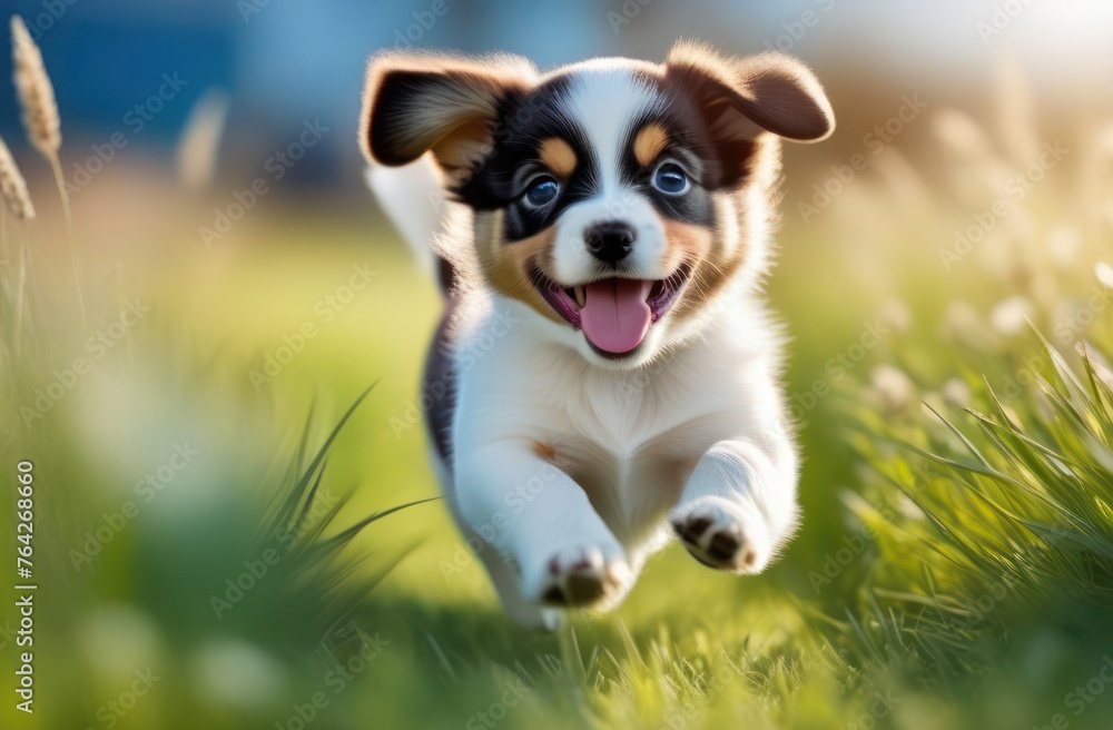 A photo of a cute puppy playing in the grass A photo of a cute puppy playing in the grass