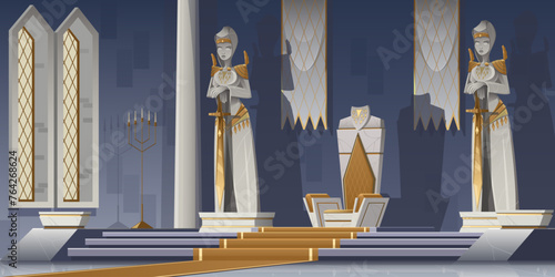 Interior of the throne room with statues. Royal throne decorated with marble. Statue of a female warrior with a sword on a pedestal. Palace architecture made of marble and gold. Fantasy vector cartoon