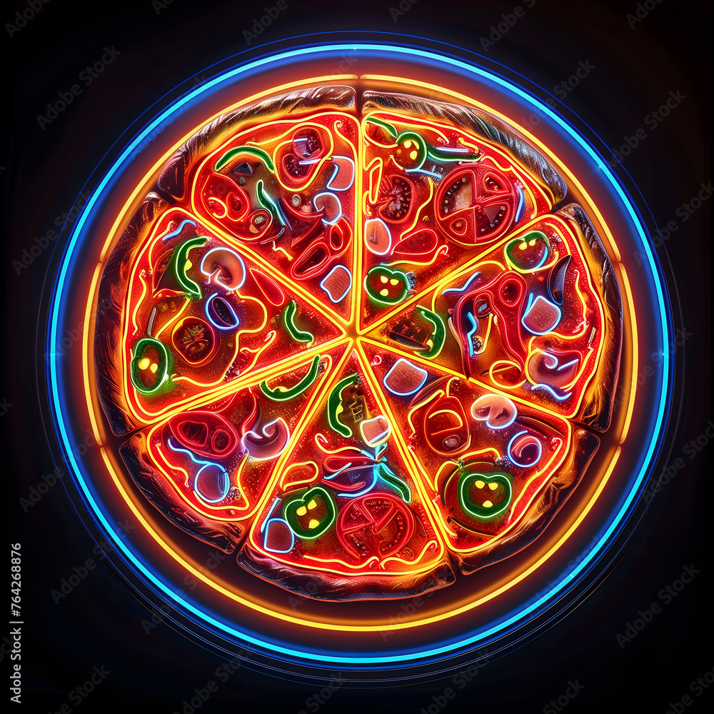 Vibrant Neon Lit Pizza Art Illustrating Multiple Toppings Under Blacklight. AI.