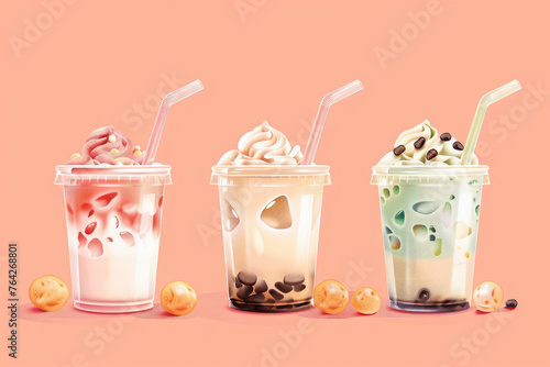 A few different tastes milktea with straws. Bubble tea. Peach color background. Side view. photo