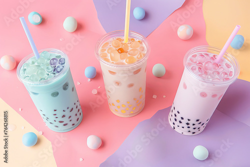 A few different tastes milktea. Bubble tea. Pastel color background.