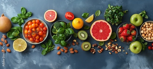 healthy food composition for commercial use, featuring a colorful array of fruits, vegetables, and nuts, symbolizing balanced nutrition and natural wellness