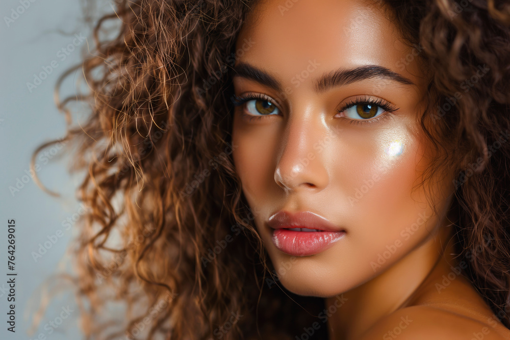Model girl with shiny smooth healthy hair with curly hair and glowing, tan skin natural beauty smooth skin for Care, and hair and skin care products. With copyspace Model girl with shiny smooth healthy hair with curly hair and glowing, tan skin natural beauty smooth skin for Care, and hair and skin care products. With copyspace