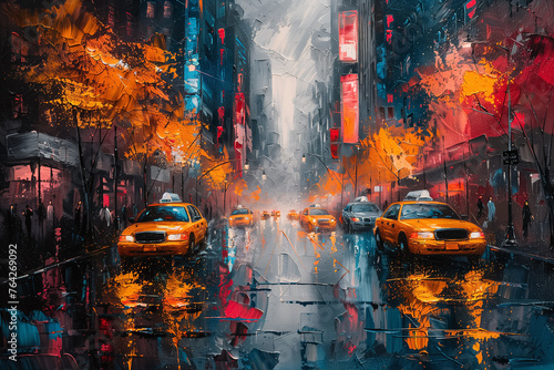 Abstract art - painting of a city with yellow cabs