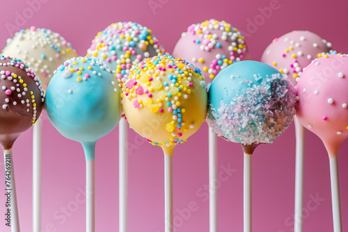 Festive chocolate cake pops with candy sprinkles close-up.