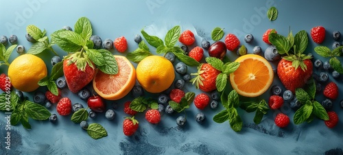 healthy food background for commercial projects, showcasing a variety of fruits, veggies, and nuts on a textured blue backdrop, embodying clean eating