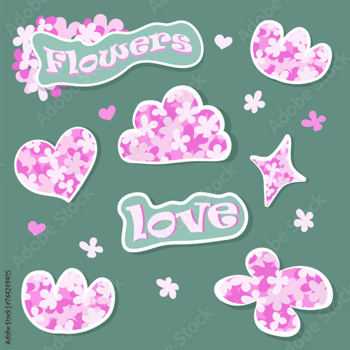 A set of stickers with a background of flowers and lettering in pink colors.