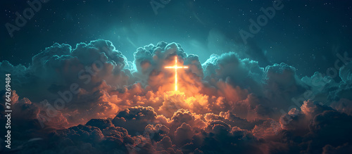 Christian Easter concept with a radiant cross in the sky symbolizing faith in Jesus Christ salvation and eternal life.