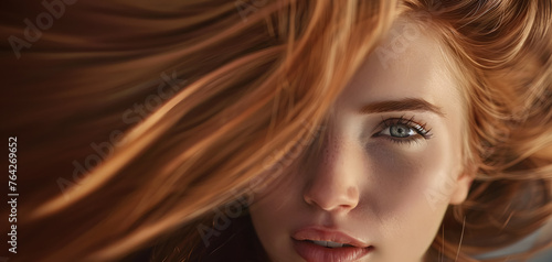 Beautiful redhead woman modeling her long  shiny  silky hair.