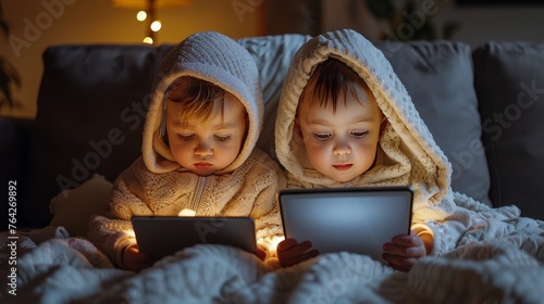 Two Little Girls Sitting on a Couch Using Tablet