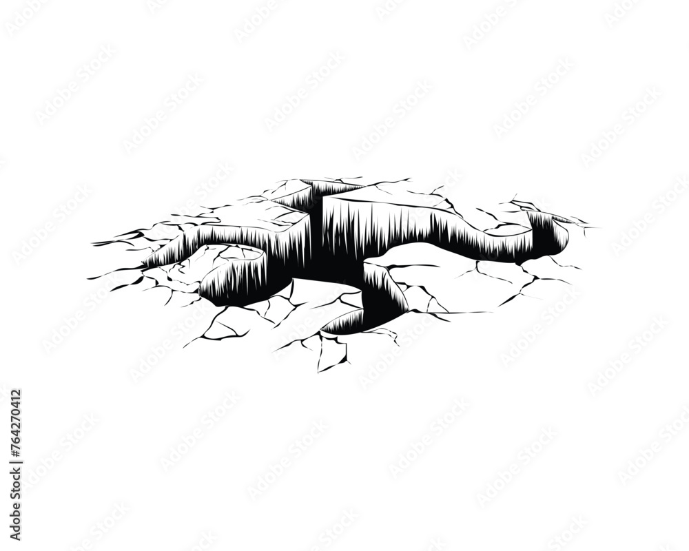 vector design, a black and white sketch illustration of the ground cracking due to someone falling, forming a hole in the shape of a human body which is usually found in cartoon films - obrazy, fototapety, plakaty 