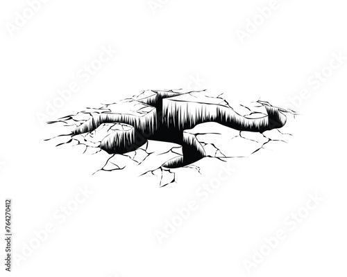 vector design  a black and white sketch illustration of the ground cracking due to someone falling  forming a hole in the shape of a human body which is usually found in cartoon films