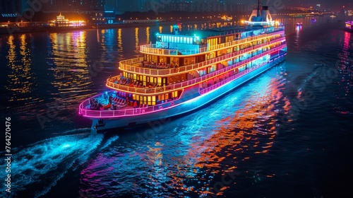 Large Cruise Ship Sailing on Water at Night