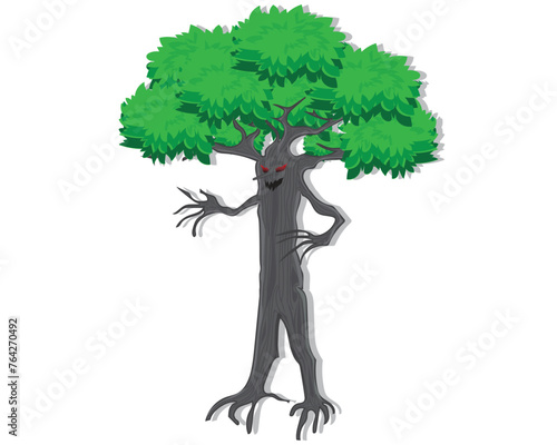 vector design cartoon illustration of a tree with green leaves that has hands and feet and red eyes and a nose and mouth which is usually called ENT in mythology