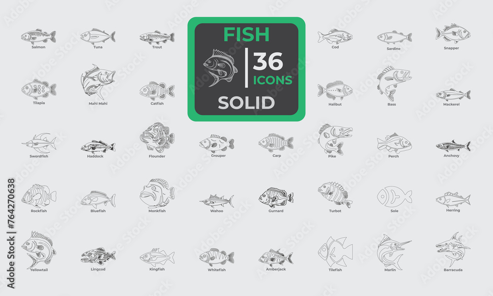 Set of 36 Line Icon related to Fish. Line editable icons collection. Vector illustration.
