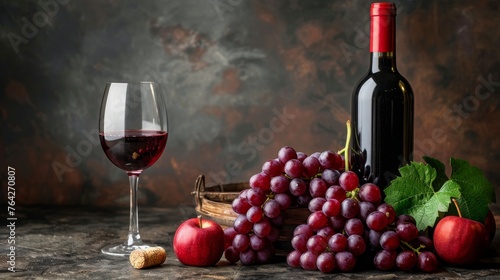 Bottle, Glass of Wine, Grapes