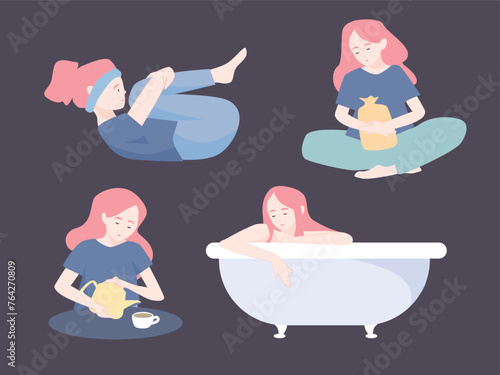 A set of illustrations showing ways to relieve menstrual pain.