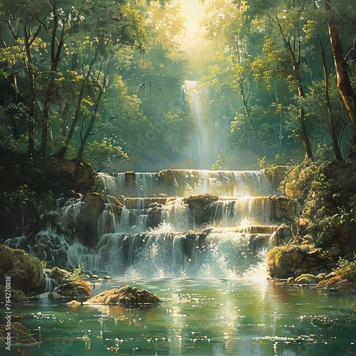 A serene artwork showcasing the coexistence of water and the natural world, with a remote waterfall among a verdant forest.