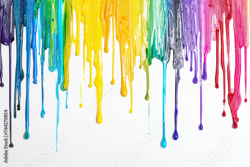 Rainbow colored paint dripping on white background. Banner with colored oil streaks