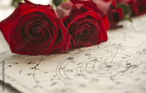 A closeup of an astrological chart with the zodiac signs and stars, placed on top of white paper and accompanied by fresh red roses., the focus is sharp on the drawing 